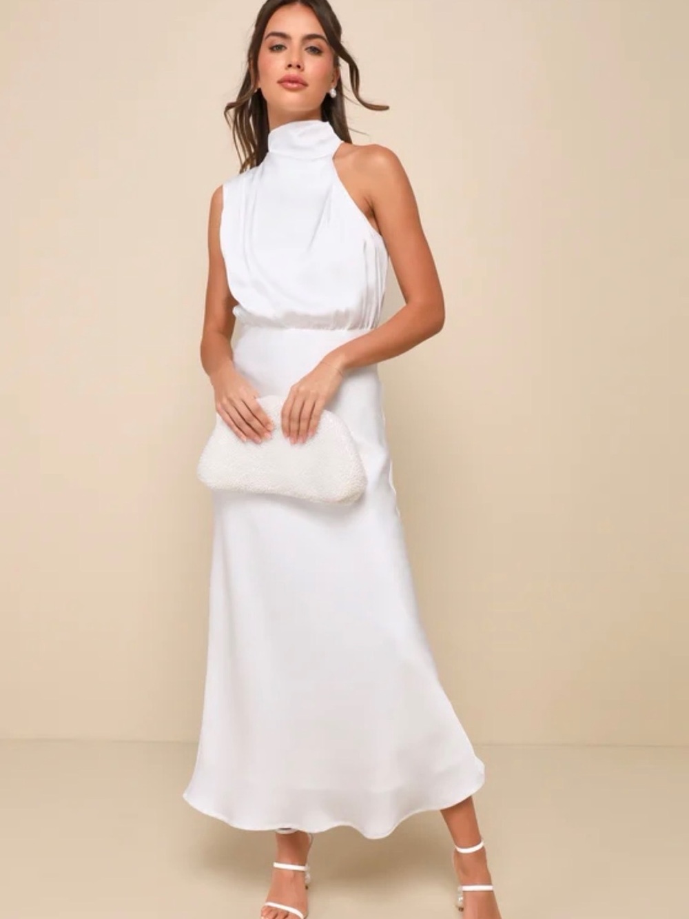 Distinctive Charm White Satin Asymmetrical Midi Dress